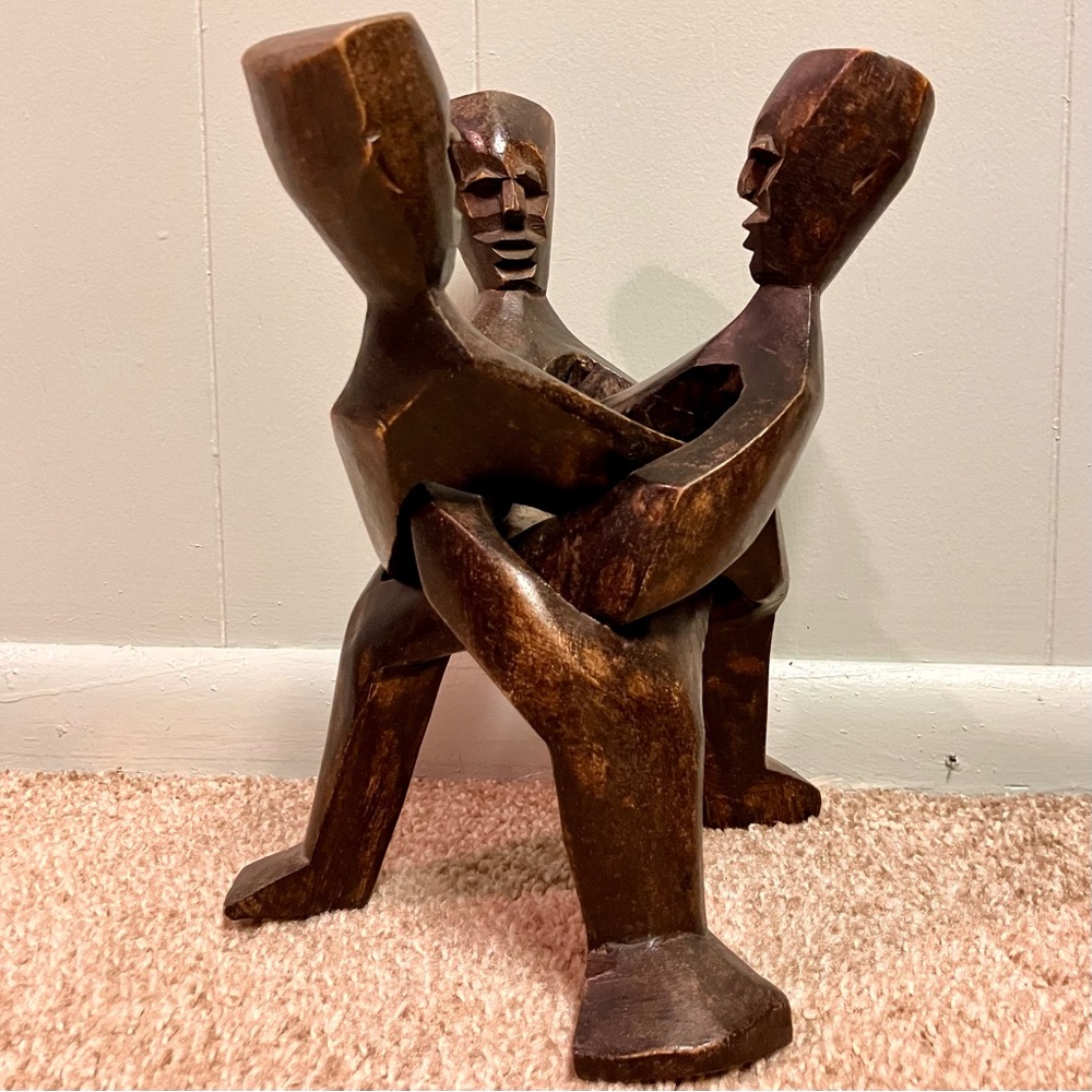 Hand-Carved Wooden Three Headed Unity Carving